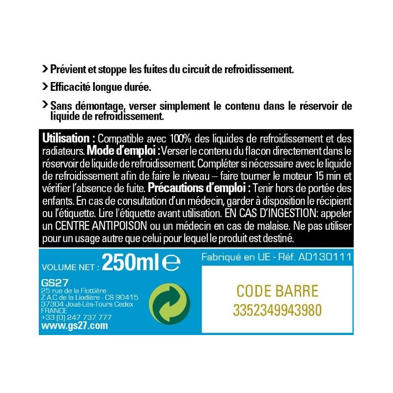 Stop Fuite Radiateur - Produit additif refroidissement - GS27