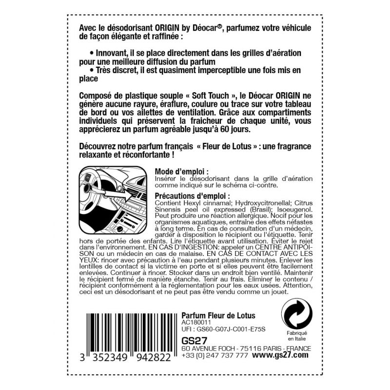 GS27 - Désodorisant Voiture en Plastique Souple Déocar Origin - Parfum  Voiture 100 % Français - Monoï